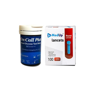 MedUp 100 Round Lancet Needles + On Call Plus 50 Glucose Test Strips