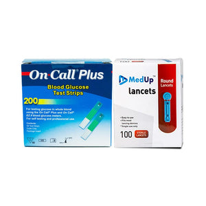 MedUp 100 Round Lancet Needles + On Call Plus 200 Glucose Test Strips