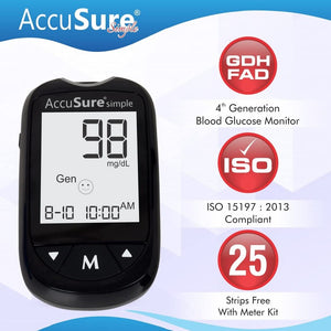 Accusure Simple Glucometer with 25 Test Strips (Multi Color)