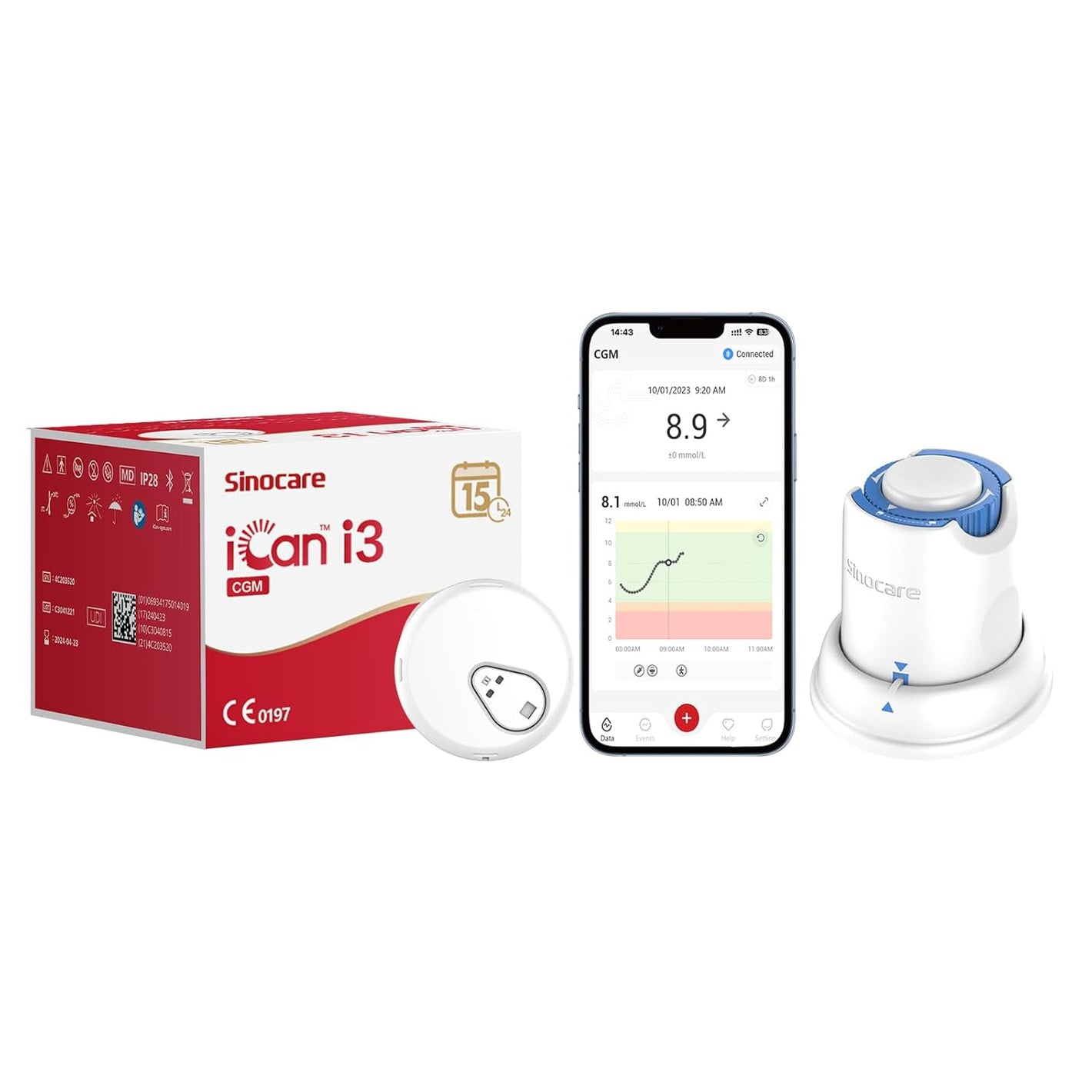 Sinocare iCan CGM Continuous Glucose Monitor, 15 Days Lifespan & IP28, Output Test Value Every 3 Minutes Via iCan CGM App, 1 Pack Sensor & Transmitter