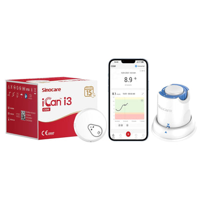 Sinocare iCan CGM Continuous Glucose Monitor, 15 Days Lifespan & IP28, Output Test Value Every 3 Minutes Via iCan CGM App, 1 Pack Sensor & Transmitter