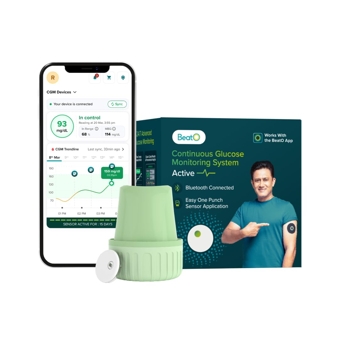BeatO CGM GlucoRX Glucose Monitor for diabetes | Bluetooth Connected CGM Sugar Test Machine for home | 15-Day Glucose Tracking | No-Scan, One-Push Application