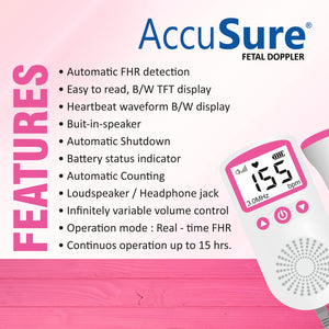 AccuSure Fetal Doppler Heart Rate Monitor, Headphone Jack Built in Speaker - (White and Pink).