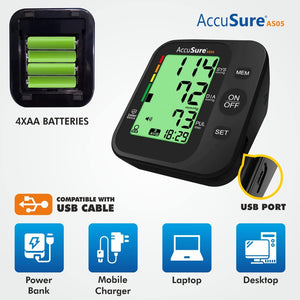 AccuSure AS05 Blood Pressure Monitor 3 Color Smart Display Technology & Adjustable Arm Cuff Fully Automatic Arm-Type Digital Bp Monitor With Option For Micro Usb Port